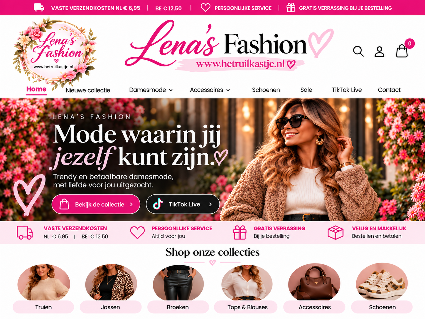 Websitebanner van Lena’s Fashion met model in jas, roze bloemen, navigatie en categorieknoppen onderaan.